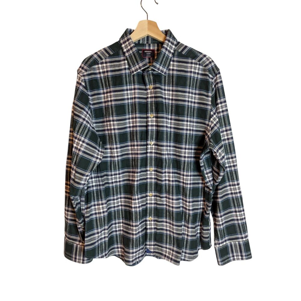 Untuckit Shirt Men XL Blue Green Plaid 100% Cotton Long Sleeve Button Front